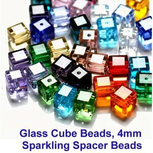 Glass Cube Beads, 4mm Sparkling Spacer Beads Multicolor  50+ Beads